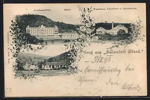 AK Alland, Heilanstalt Alland, Krankenpavillon, Maschinenhaus, Waschhaus, Laboratorium, Meierhot, Küche um 1900