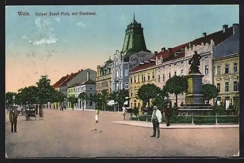 AK Wels, Kaiser Josef-Platz mit Denkmal