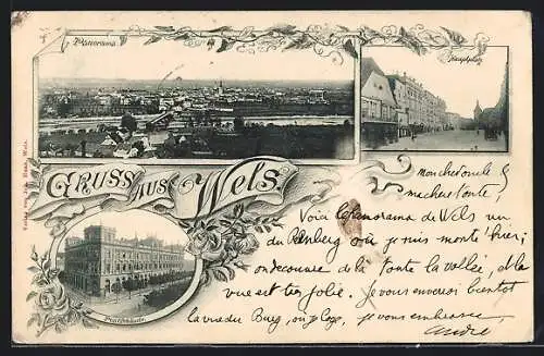 AK Wels, Panorama, Hauptplatz, Postgebäude