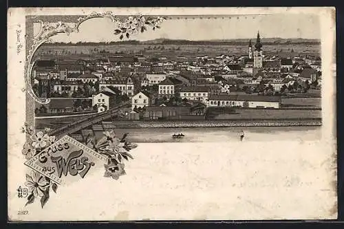 Lithographie Wels, Totalansicht aus der Vogelschau