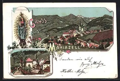Lithographie Mariazell, Ortsansicht, Marienstatue, Heiligenbrunn