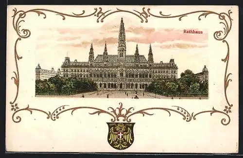 Lithographie Wien, Rathaus, goldgerahmt, Stadt-Wappen