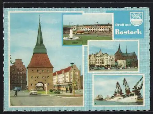 AK Rostock, Steintor, Bahnhof, Ernst-Thälmann-Platz, Überseehafen
