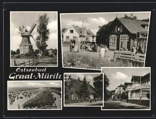 AK Graal-Müritz, Windmühle, Milch-Bar Seestern, Setrassenpartie, Strand