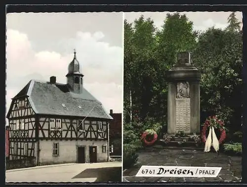 AK Dreisen /Pfalz, Rathaus und Denkmal