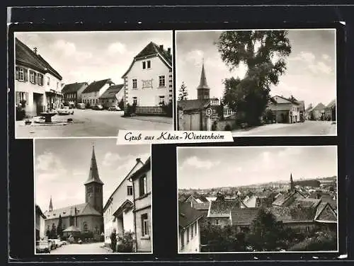 AK Klein-Winternheim, Ortsansicht aus der Vogelschau und drei Ansichten aus dem Ort