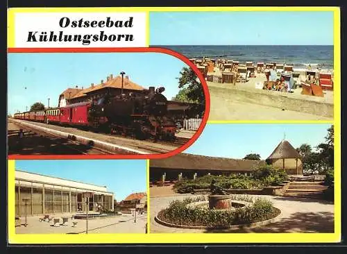 AK Kühlungsborn /Ostsee, Eisenbahn Molli auf dem Bahnhof, Terrasse des FDGB-Ferienheimes Ernst Grube, Konzertgarten