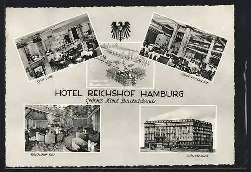 AK Hamburg-St.Georg, Hotel Reichshof-Hotelhalle, Stadt-Restaurant, Reichshof-Bar, Seitenansicht