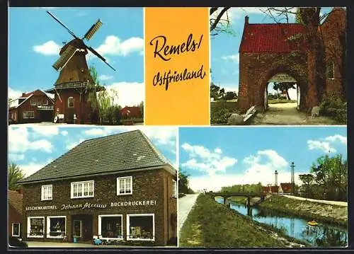 AK Remels, Windmühle, Buchdruckerei J. Meeuw