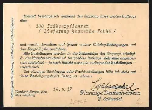 AK Deutsch-Evern über Lüneburg, Geschäftskarte von Plantage G. Soltwedel