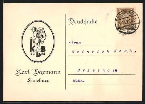 AK Lüneburg, Geschäftskarte Fa. Karl Bartmann-Porzellan, Glas, Steingut und Luxuswaren