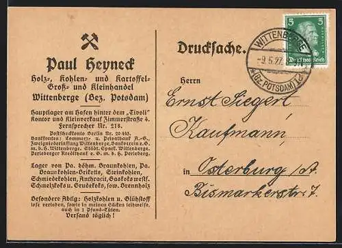 AK Wittenberge (Bez. Potsdam), Geschäftskarte Paul Heyneck-Gross- u. Kleinhandel für, Holz, Kohle und Kartoffeln