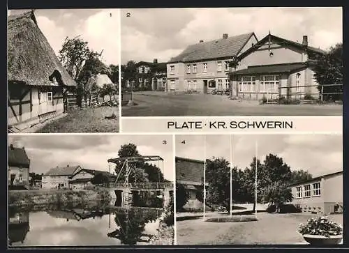 AK Plate /Kr. Schwerin, Sarnow-Haus, HO-Gaststätte Störkrug, am Störkanal, Polytechnische Oberschule