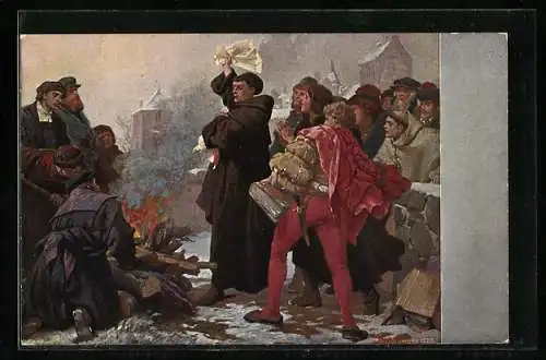 Künstler-AK Wittenberg, Martin Luther wirft 1520 die Bannbulle vor dem Elstertor ins Feuer