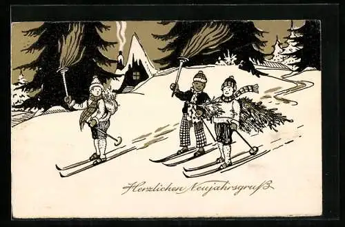 AK Kinder mit Fackeln gehen Ski fahren zum Neujahr