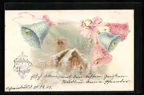 AK Blumenbild Fröhliches Neujahr- Glocken mit Blüten geschmückt