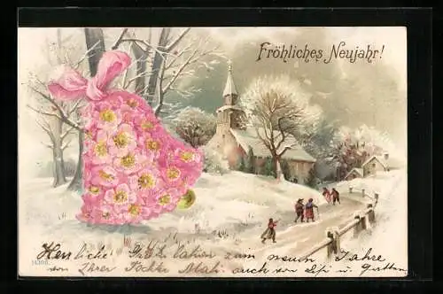 Künstler-AK Kirchgang - Glocke aus Blumen in Winterlandschaft