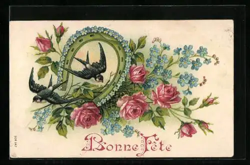 Präge-AK Blumenbild, Hufeisen mit Blüten von Vergissmeinnicht und zwei Schwalben, Strauss Rosen mit Vergissmeinnicht
