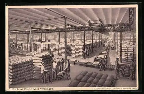 AK Hamburg-Wandsbek, Reinhardt-Kakao-Werk, Kakaobohnenlager mit Sacktransportanlage