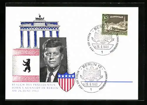 AK John F. Kennedy, Präsident der USA, Besuch in Berlin am 26. Juni 1963, Portrait und Brandenburger Tor