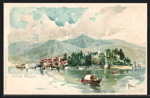 Künstler-AK Isola Bella, Ortsansicht mit Kirche und Bergpanorama, Lago Maggiore