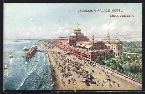 AK Venezia-Lido, Excelsior Palace Hotel, Strandpartie mit Seebrücke aus der Vogelschau