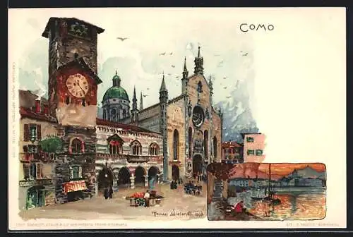 Künstler-AK Manuel Wielandt: Como, Händler auf dem Markt, Kirche, Häuseransichten, Frau am Ufer um 1900