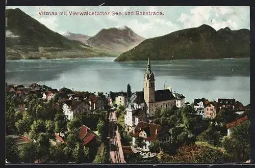 AK Vitznau, Ortsansicht mit Vierwaldstätter See und Bahntrasse