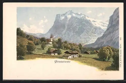 Künstler-AK Grindelwald, Teilansicht mit Kirche und Gebirge