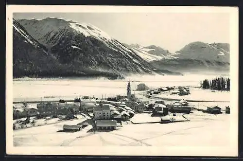 AK Bevers, Winterliche Ortsansicht mit Berninagruppe