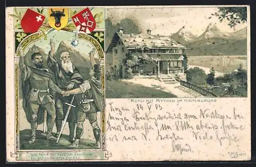 AK Rütli, Ortsansicht mit Mythen im Hintergrund, daneben grüssen sich drei Männer