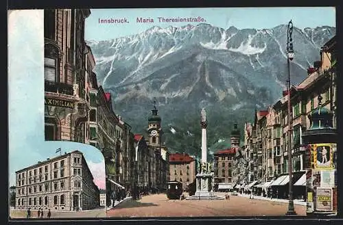 AK Innsbruck, Maria Theresienstrasse mit Strassenbahn und Bergmassiv