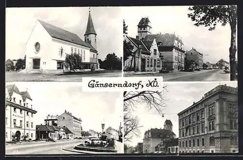 AK Gänserndorf, Kirche, Rathaus an der Strasse, Strassenpartie m. Rathaus