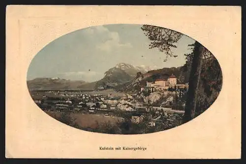 AK Kufstein, Ortsansicht mit dem Kaisergebirge imt geprägten Passepartout