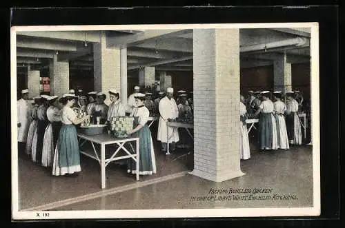 AK Packing Boneless Chicken in one of Libby`s White Enameled Kitchens