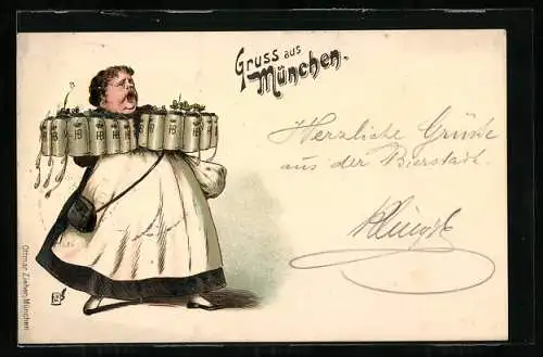 AK München, Kellnerin mit Bierkrügen in den Händen, Gastronomie