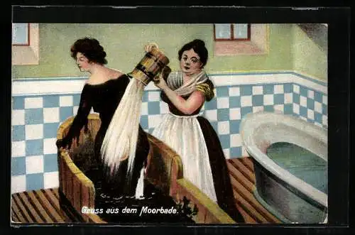 Künstler-AK Bad Nenndorf, Dame lässt sich den Moorschlamm abspülen