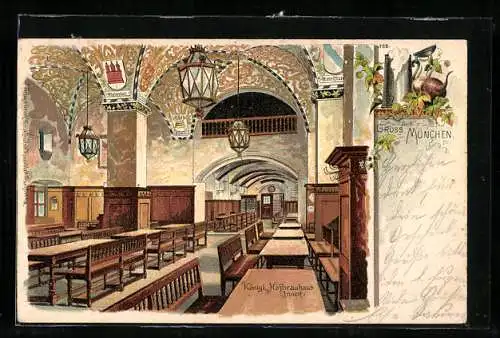 Lithographie München, Königliches Hofbräuhaus, Innenansicht