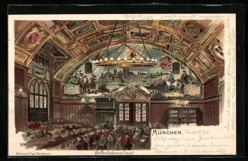 Künstler-AK Theodor Guggenberger: München, Innenansicht des Münchner Hofbräuhauses