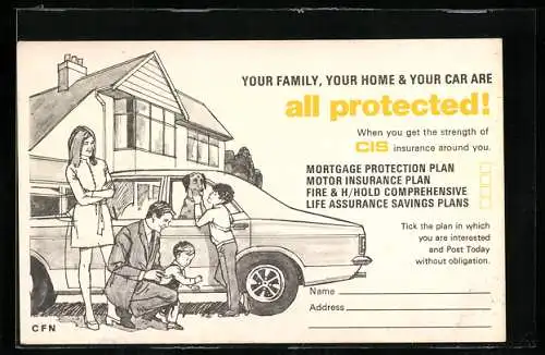 AK Familie mit Auto vor dem Haus, Reklame für Co-Operative Insurance Society Ltd., Versicherung