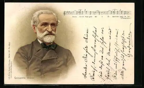 AK Guiseppe Verdi mit Bart und Noten aus Trovatore