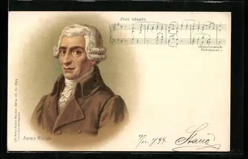 Lithographie Josef Haydn, Portrait des Komponisten und Noten