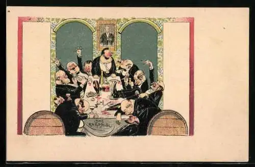 AK Wien, Das Rathsstübl, Männer völlig betrunken an Tafel