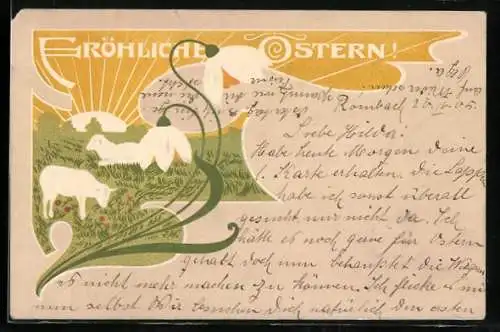 AK Lämmer auf der Frühlingswiese, Fröhliche Ostern, Jugendstil