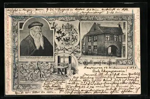 AK Mainz, Porträt Johannes Gutenberg, Erstes Druckhaus Gutenbergs zu Mainz, Erste Presse Gutenbergs, Buchdruck