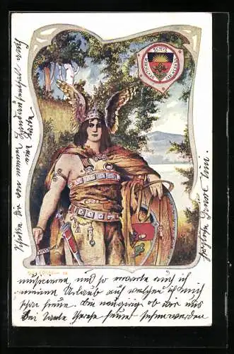 AK Deutscher Schulverein, Germanenkult, Germane mit Schild und Schwert