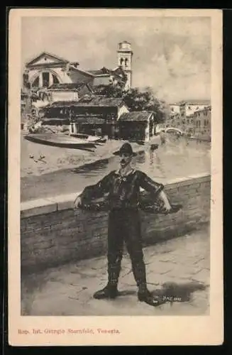AK Venedig / Venezia, Mann auf der Brücke hält zwei flache Schalen in den Händen