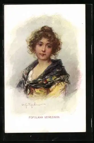 Künstler-AK Junge Frau mit blauem Halstuch