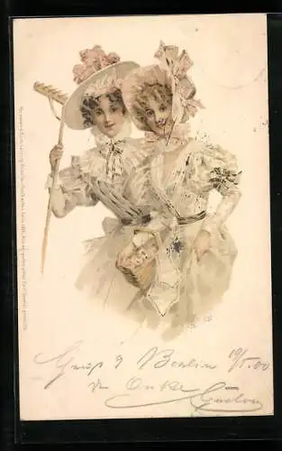 Künstler-AK Meissner & Buch (M&B) Nr.1065: Zwei Fräuleins mit Blumenkorb und Rechen, Jugendstil