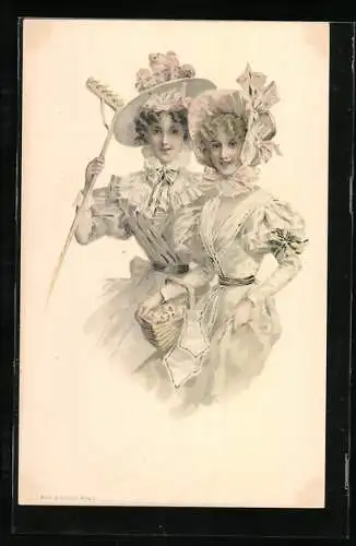 AK Junge Damen mit Korb und Harke, Jugendstil